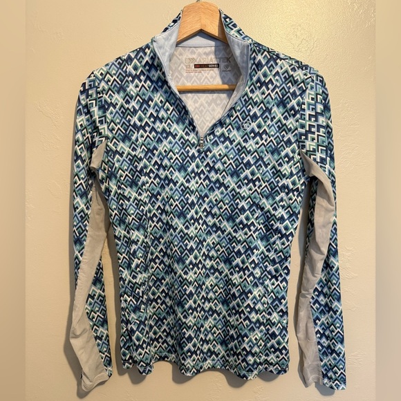 Ariat Ladies Sunstopper 2.0 1/4 Zip Baselayer Shirt Blue Geometric Design XS - Picture 2 of 12